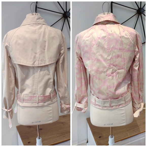 Moschino Aeffe Spa reversible khaki/pink patterned silk jacket 8 EUC $1300 - Picture 3 of 15